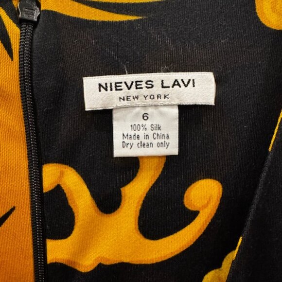 Nieves Lavi NY, Women's Silk V-neck Dress, Yellow/Black Print, Size 6 - Picture 4 of 4